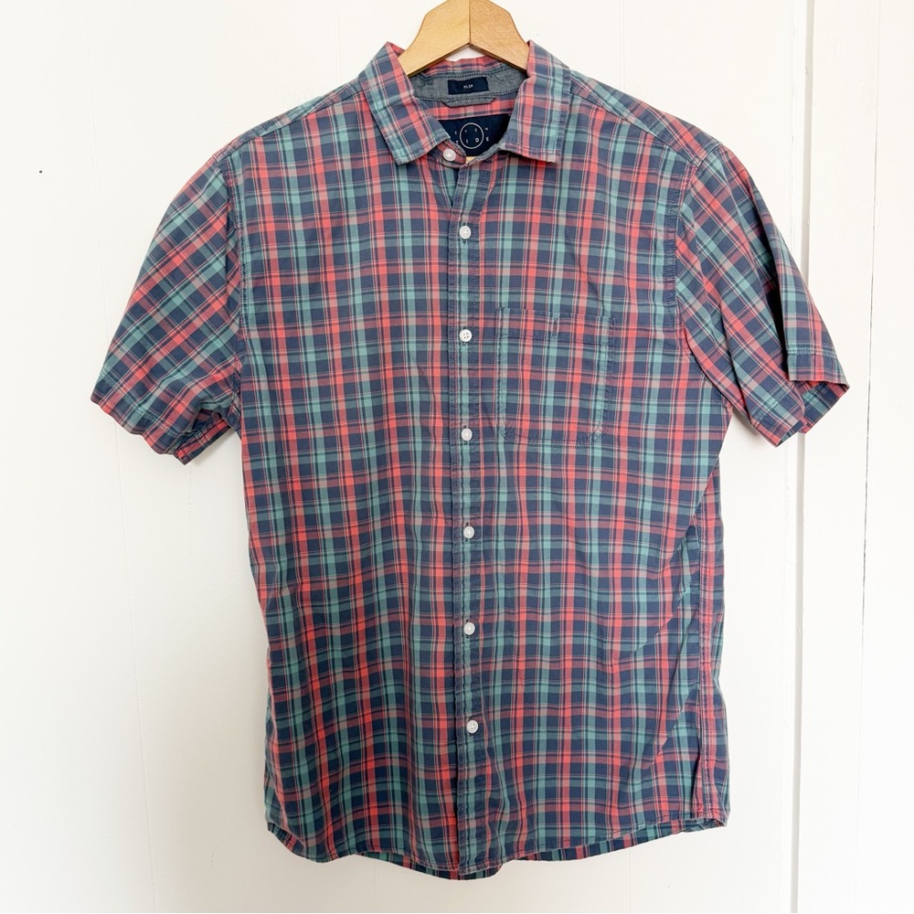 Even Tide Men's Myles Coastal Double Cloth Shirt in‎ plaid blue salmon Medium